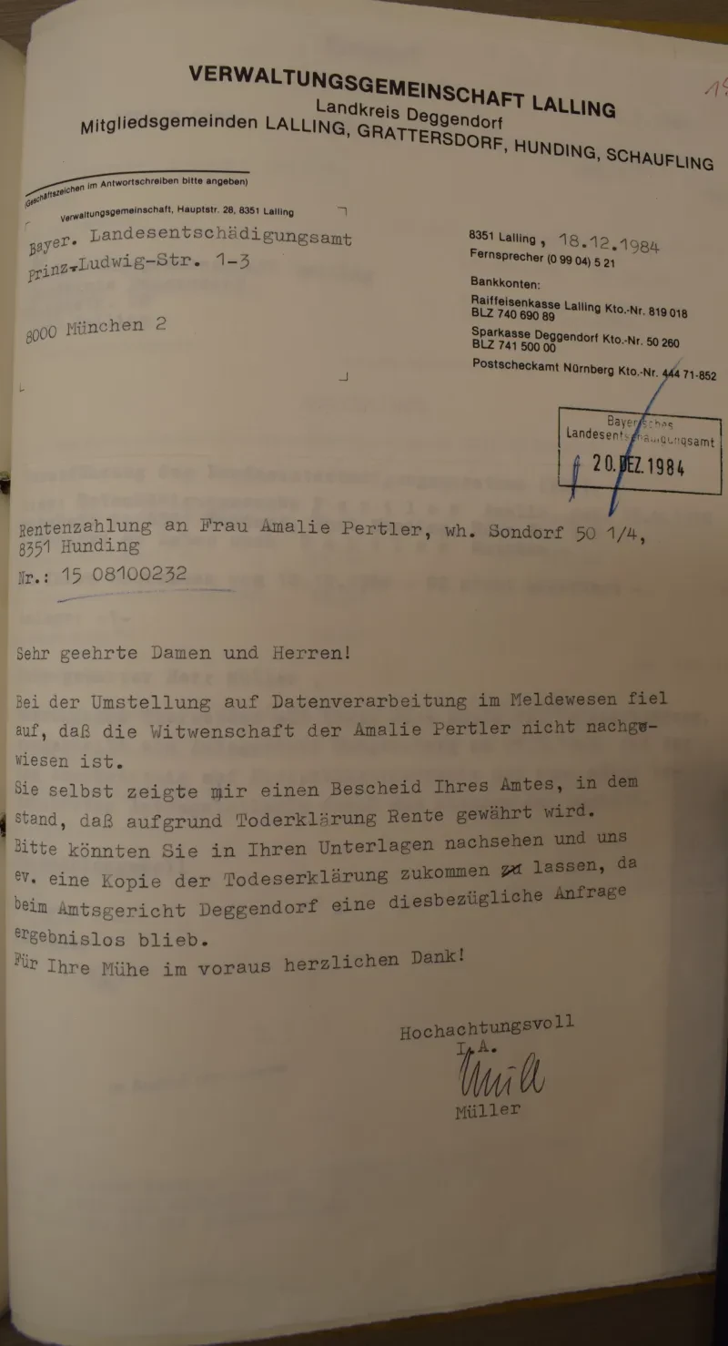 Schreiben der Verwaltungsgemeinschaft Lalling an das Bayrische Landesentschädigungsamt vom 18. Dezember 1984.