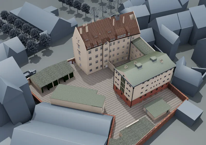 3D-Modell aus der Vogelperspektive von einem U-förmigen Gebäudekomplex mit mehreren Nebengebäuden und Garagen; in der Mitte des U befindet sich der vermauerte Gefängnisinnenhof.