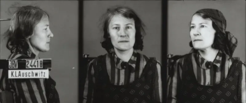 Eine junge Frau wird zunächst seitlich von rechts, dann von vorn und schließlich im Halbprofil mit Kopftuch aufgenommen. Auf dem ersten Bild ist der Schriftzug IBV, KL Auschwitz und die Häftlingsnummer zu sehen.
