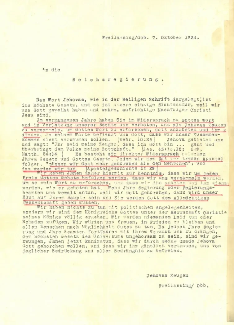 Ein maschinengeschriebenes A-4-Blatt. (Protestschreiben an die Reichsregierung von Jehovas Zeugen aus dem oberbayrischen Freilassing, 7. Oktober 1934)