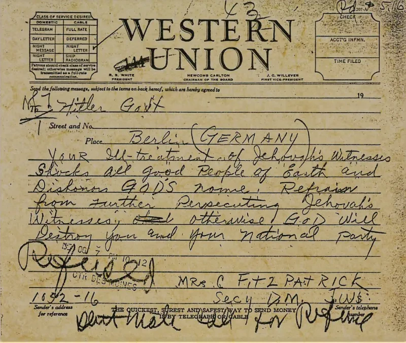 Ein mit Hand ausgefülltes Telegramm der Western Union.