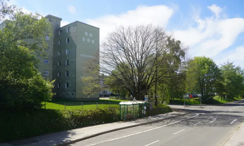 Eine Seitenstraße mündet auf eine Hauptstraße, an der sich eine Bushaltestelle befindet. Dahinter liebt eine Wiese mit höheren Wohnhäusern.