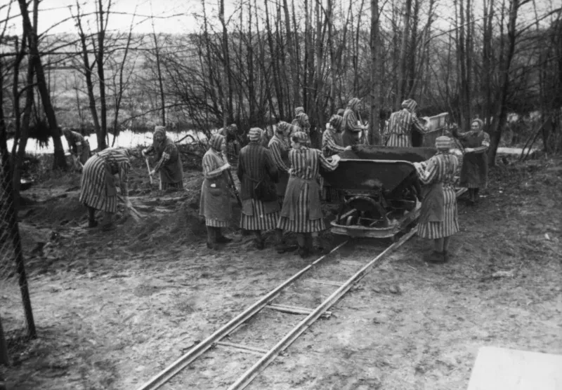 Zeuginnen Jehovas arbeiteten 1939/40 in den Anlagen der Siedlung und beim Straßenbau, hier beim Beladen von Loren.