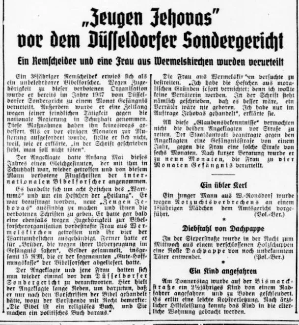 Ein Zeitungsartikel mit der Überschrift: Zeugen Jehovas vor dem Düsseldorfer Sondergericht - Ein Remscheider und eine Frau aus Wermelskirchen werden verurteilt"