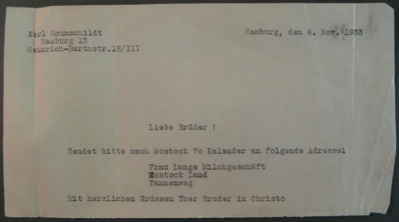 Schreiben von Karl Hohnschildt an das Bibelhaus Magdeburg vom 4. November 1933 mit der Bitte, 70 Kalender der Zeugen Jehovas an Karoline Lange zu schicken, um sie in Rostock zu verbreiten.