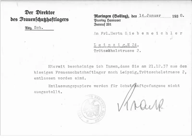 Entlassungsschreiben für Herta Siebeneichler aus dem KZ Moringen vom 14. Januar 1938.