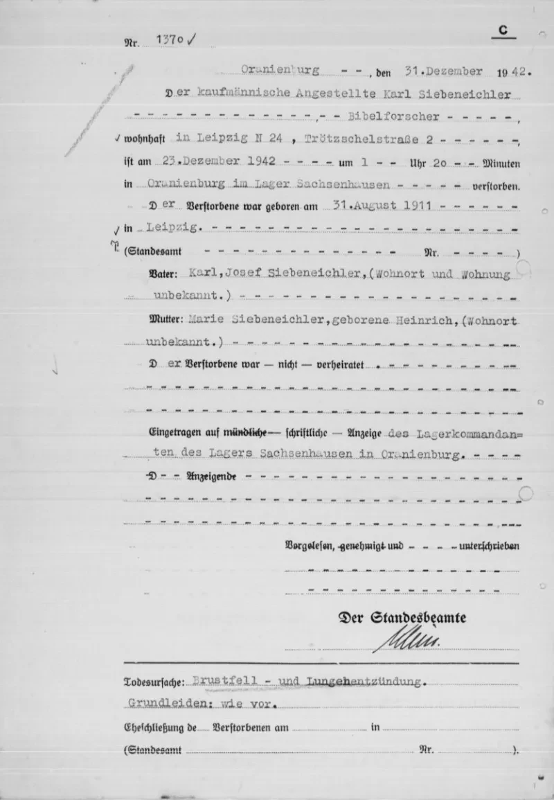 Sterbeurkunde des Standesamtes in Oranienburg vom 31. Dezember 1942.