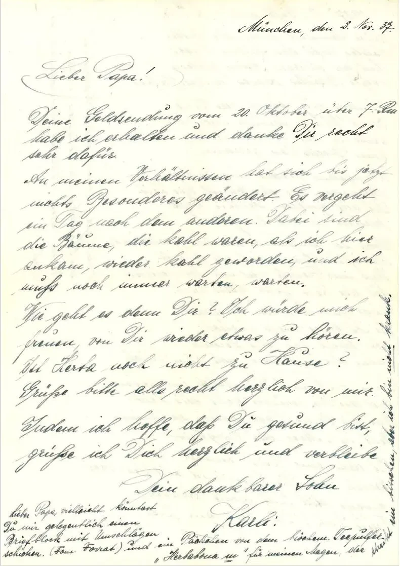 Brief mit Gedicht aus dem Gefängnis vom 2. November 1937 an seinen Vater. Seite 1