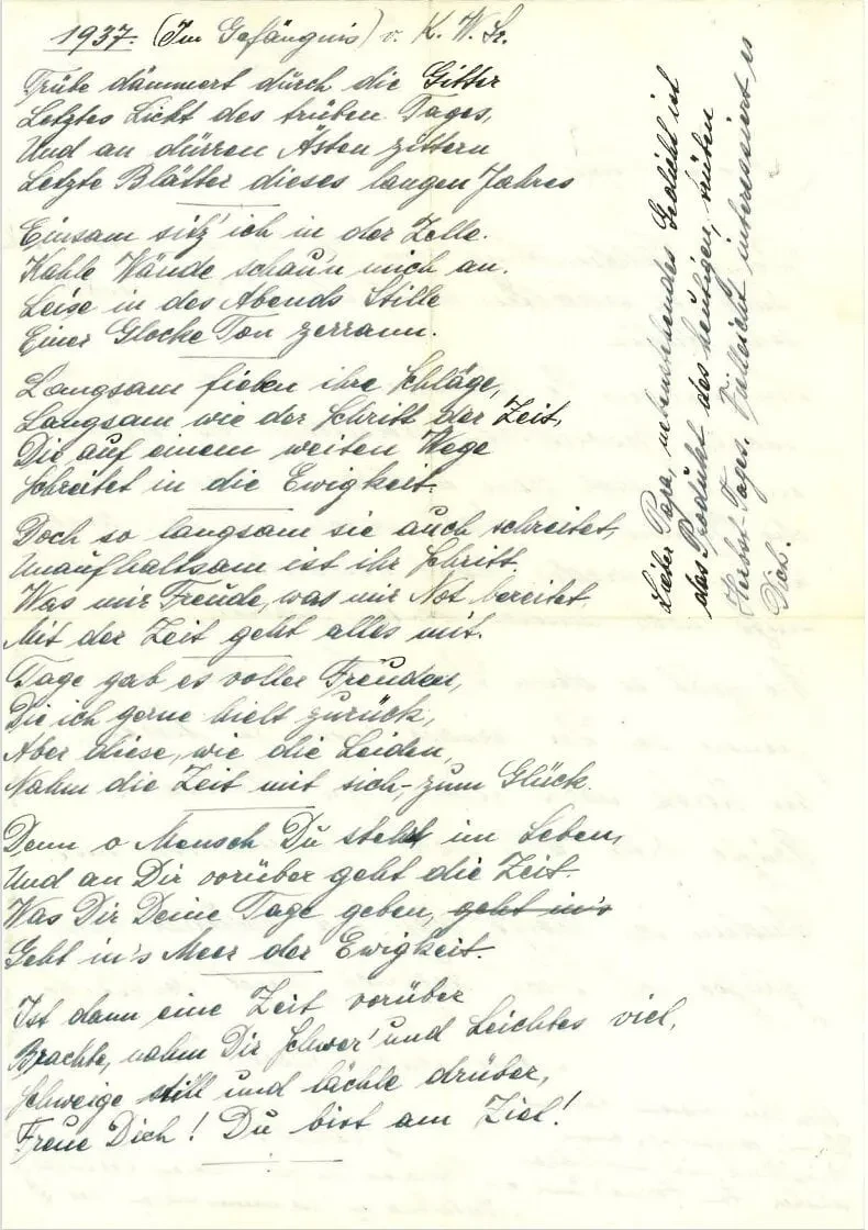 Brief mit Gedicht aus dem Gefängnis vom 2. November 1937 an seinen Vater. Seite 2