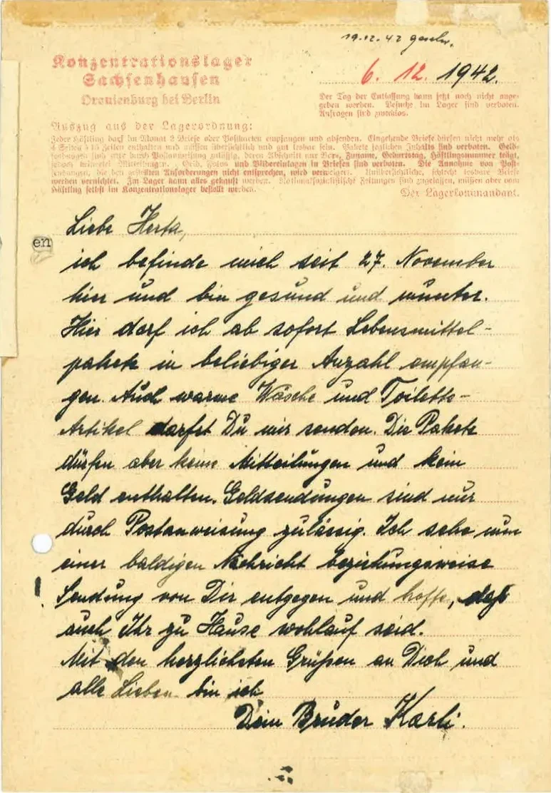Letzter Brief vom 6. Dezember 1942 aus dem KZ Sachsenhausen an seine Schwester.