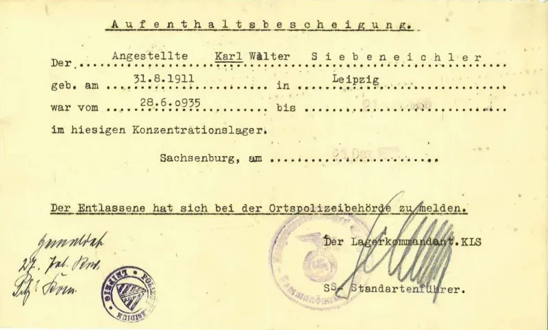 Aufenthaltsbescheinigung von Karl Siebeneichler im KZ Sachsenburg vom 21. Dezember 1935.