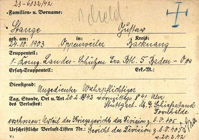 Eine Karteikarte mit Eintragungen zur Herkunft und zum Tod von Gustav Stange.
