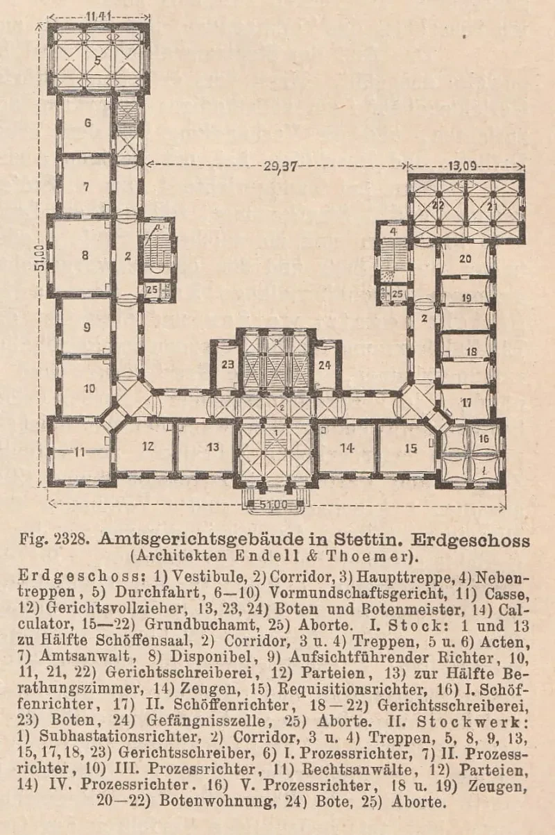 Grundriss des Erdgeschosses im Amtsgerichtsgebäudes Stettin in der Elisabethstraße 28.