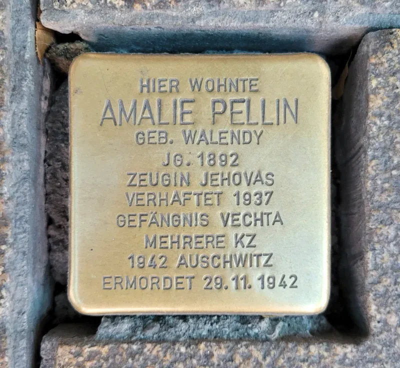 Ein glänzender Stolperstein für Amalie Pellin, er liegt schon in der Verlegestelle, ist aber noch nicht einbetoniert.