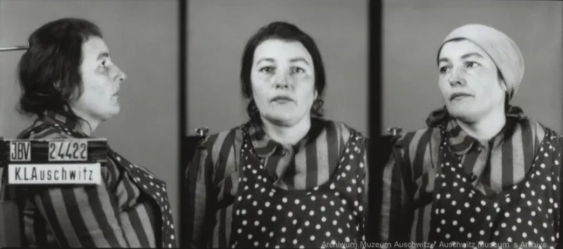 Eine junge Frau wird zunächst seitlich von rechts, dann von vorn und schließlich im Halbprofil mit Kopftuch aufgenommen. Auf dem ersten Bild ist der Schriftzug IBV, KL Auschwitz und die Häftlingsnummer zu sehen.