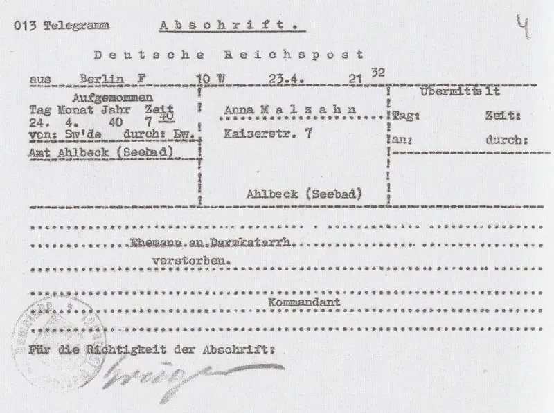 Abschrift eines Telegramms aus dem KZ Sachsenhausen an Anna Malzahn mit der Nachricht, über den Tod ihres Mannes.