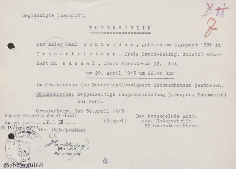 Totenschein von Paul Otto Schneider vom 30. April 1943 mit Angabe der Todesursache, Ort und Zeitpunkt