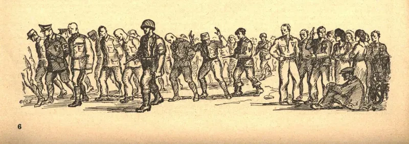 Eine Gruppe ehemaliger KZ-Häftlinge (rechts) beobachtet, wie bewaffnete, amerikanische Soldaten eine Gruppe ehemaliger KZ-Aufseher abführt. Die ehemaligen Aufseher marschieren nach vorn gebeugt mit den Händen auf dem Rücken.