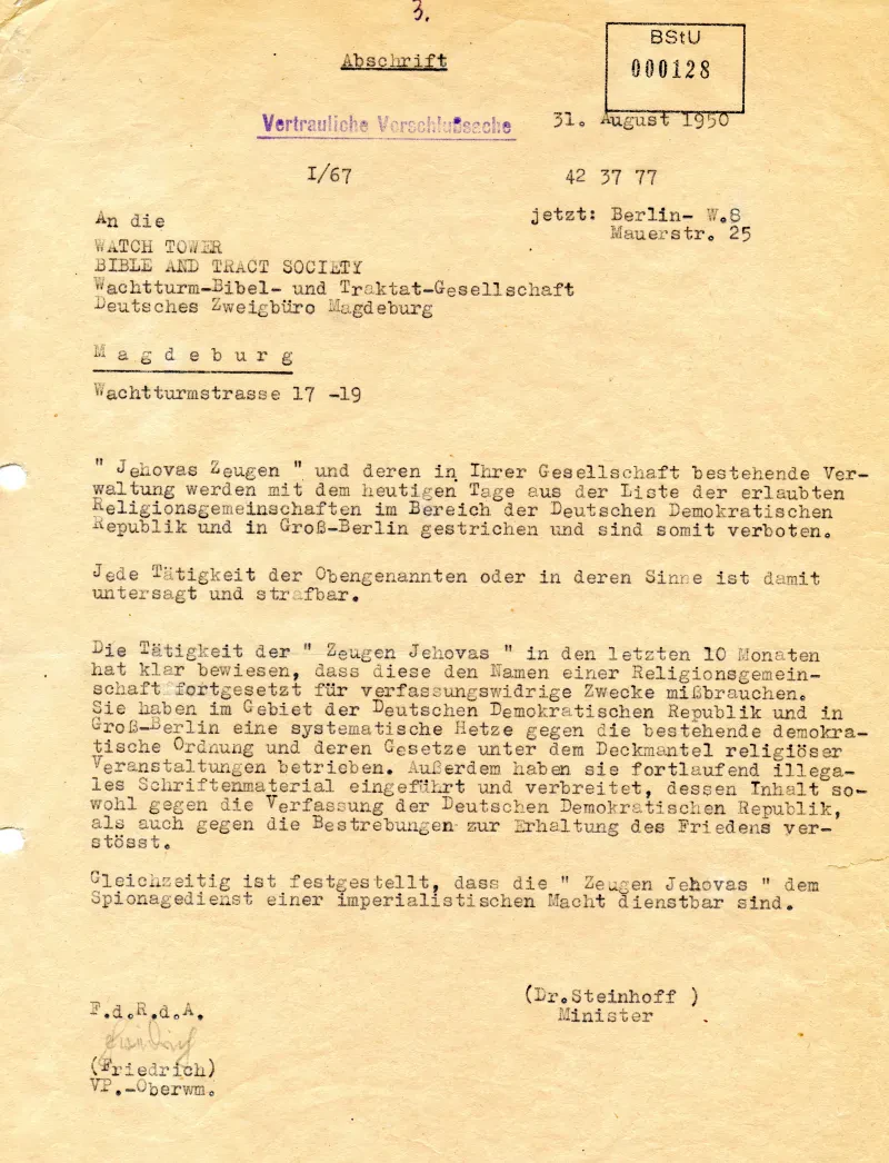 Schreiben von Innenminister Steinhoff an die Wachtturm-Gesellschaft in Magdeburg.