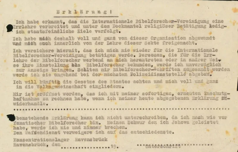 Eine „Verpflichtungserklärung“ aus dem KZ Ravensbrück.