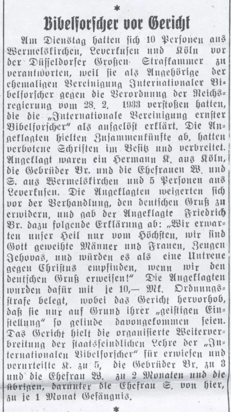 Zeitungsartikel mit der Überschrift "Bibelforscher vor Gericht".