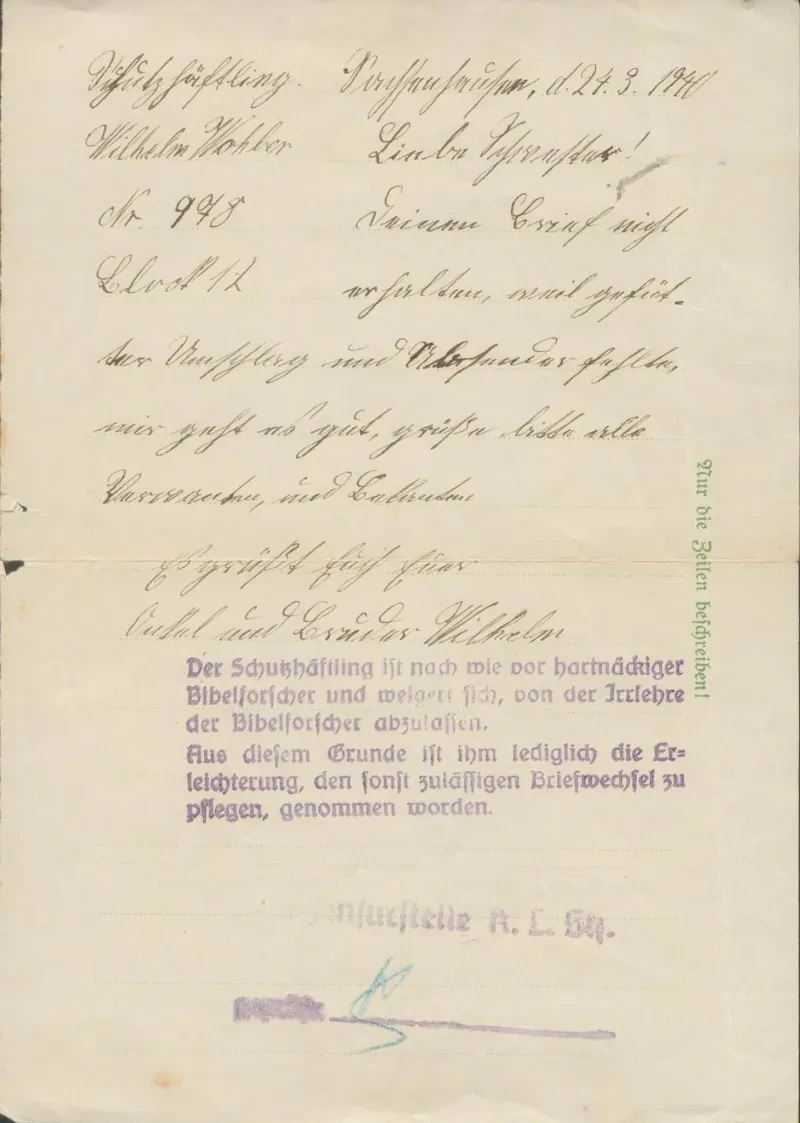 Letzter Brief Wilhelm Wohlers aus dem KZ Sachsenhausen an seine Schwester Anna Wohler vom 24. März 1940.