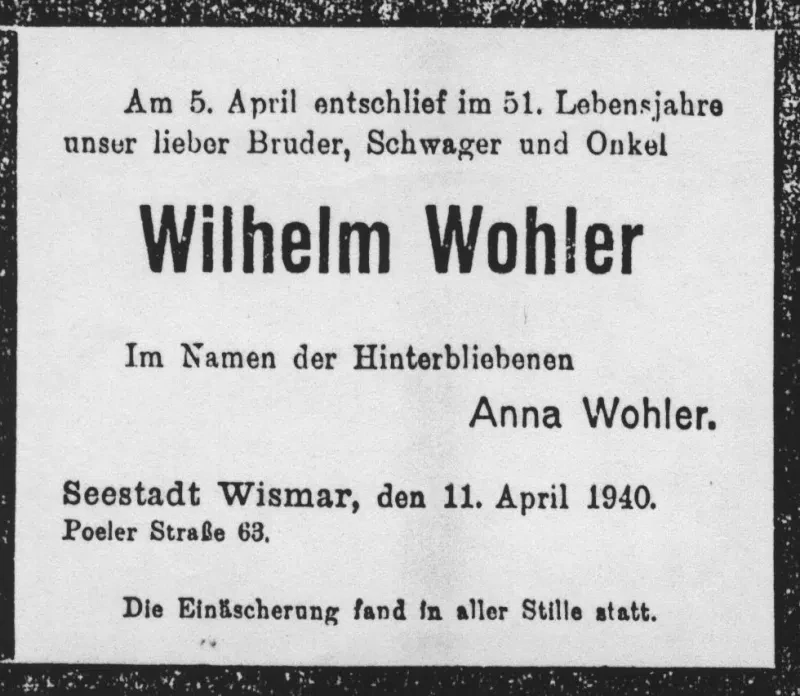 Todesanzeige Wilhelm Wohlers aus dem Mecklenburger Tagesblatt, Wismarer Zeitung, vom 11.4.1940.