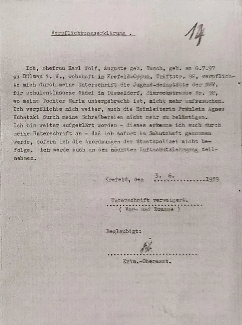 Verpflichtungserklärung, mit der Auguste Wolf zustimmen sollte, ihre Tochter Maria im Jugendheim nicht mehr zu besuchen und der Heimleiterin keine Briefe mehr zu schreiben.