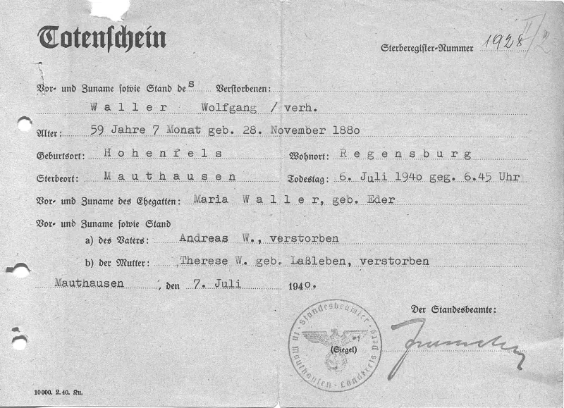 Totenschein von Wolfgang Waller, ausgestellt am 7. Juli 1940 vom Standesamt Mauthausen.